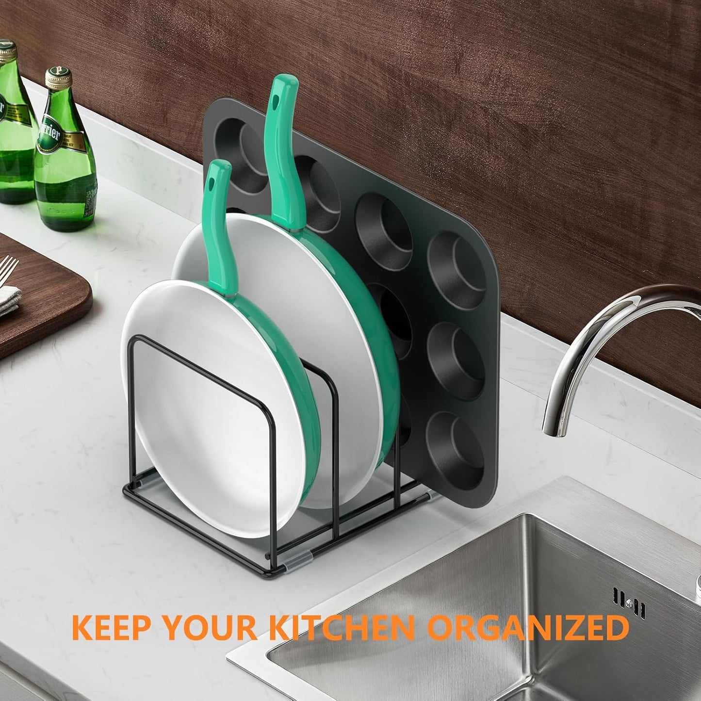 Kitchen Cabinet Organizer, Steel Cookware Holder, Divided Holder with 5 Slots for Skillets Baking Tray and Chopping Board Rack - Baking Pan Holder Storage (1 PC)