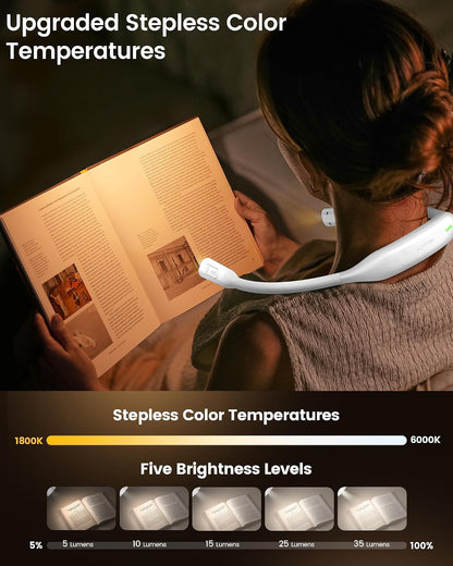 Glocusent Neck Book Light, Rechargeable Neck Lights for Crafts Reading | 1200mAh, Hands Free, 5 Colors, 5 Brightness, Lightweight, Book Lovers Gifts, Ergonomic, Bendable, Knitting, Repairing, Reader