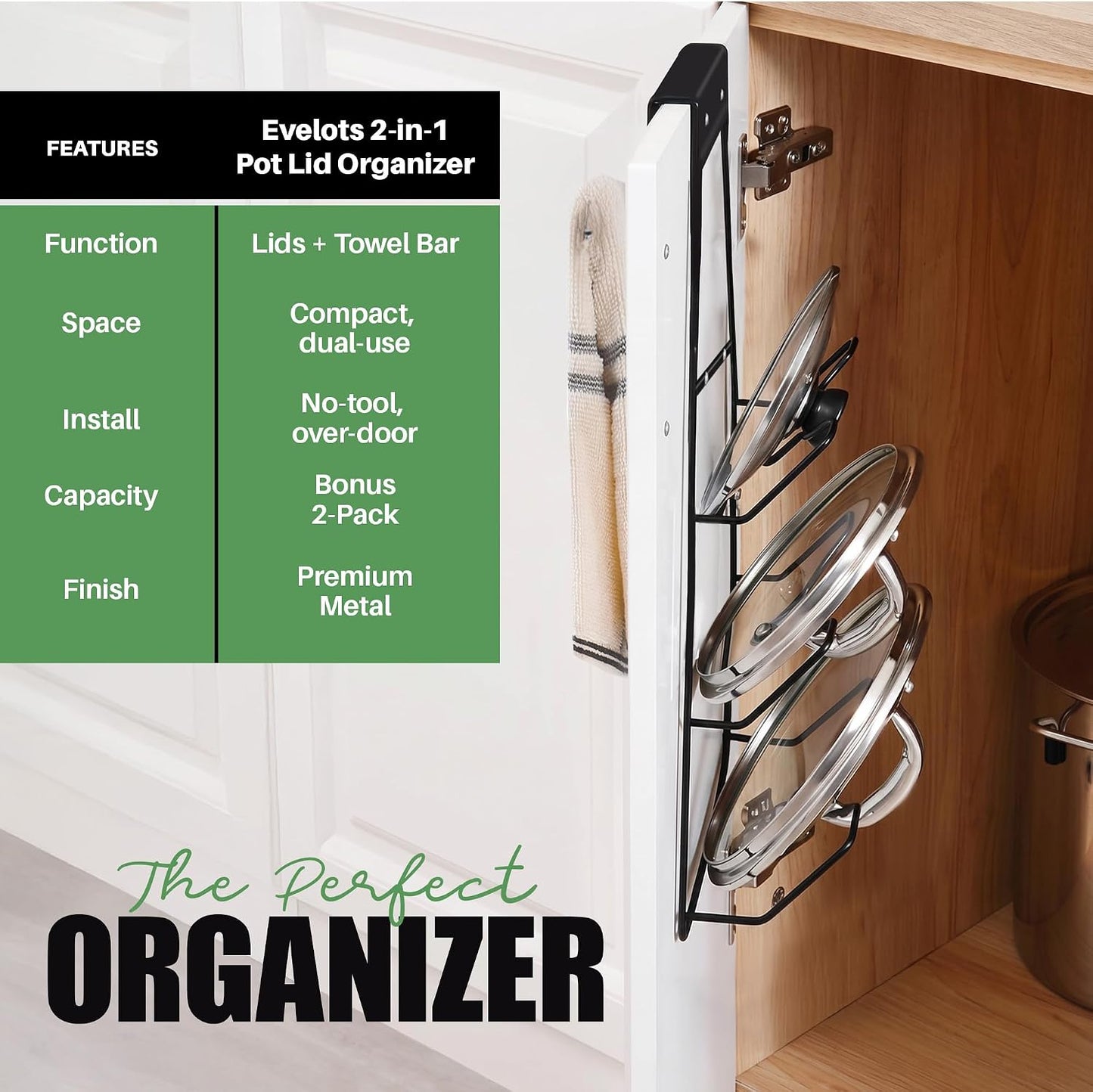Evelots 6 Pot Lid Organizer for Cabinet Door or Pantry Wall - Closet Door Pots and Pans Lids Holder - Glass or Metal Pan Covers Cabinet Organizer Kitchen Storage - White 6 Tier Lid Rack