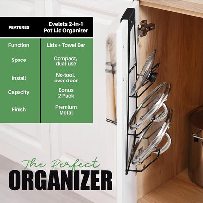 Evelots 6 Pot Lid Organizer for Cabinet Door or Pantry Wall - Closet Door Pots and Pans Lids Holder - Glass or Metal Pan Covers Cabinet Organizer Kitchen Storage - White 6 Tier Lid Rack
