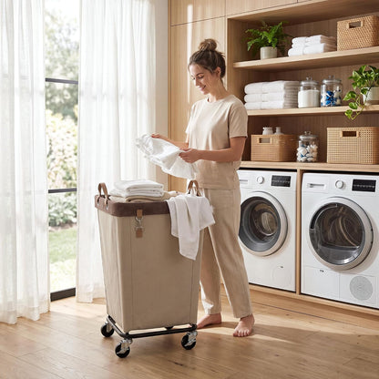 StorageWorks 160L Laundry Basket with Wheels, Rolling Hampers for Clothing | Beige Laundry Basket with Wheels, Metal Frame & Handles, Rolling Hamper for Bedroom, Bathroom, Dorm, Hotel