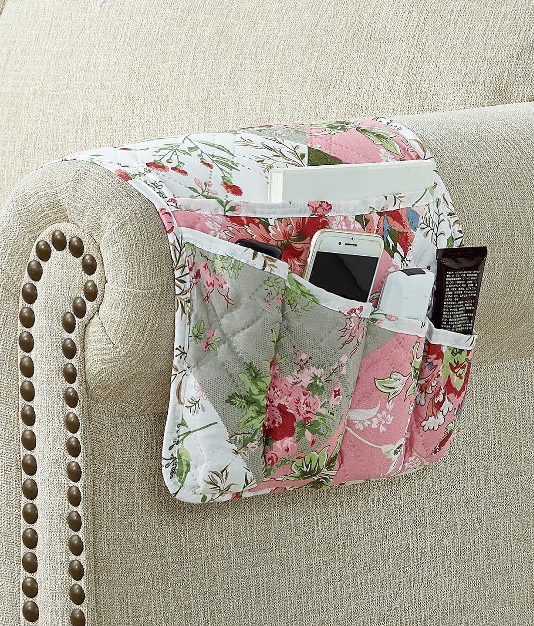 Brilliant Sunshine Burgundy Toile Floral Couch Armrest Cover, 35"×13" | Washable Magazine Holder, Armrest Organizer & Caddy on Sofa, Recliner, Armchair, Storage for Remote Controls, Phone, iPad