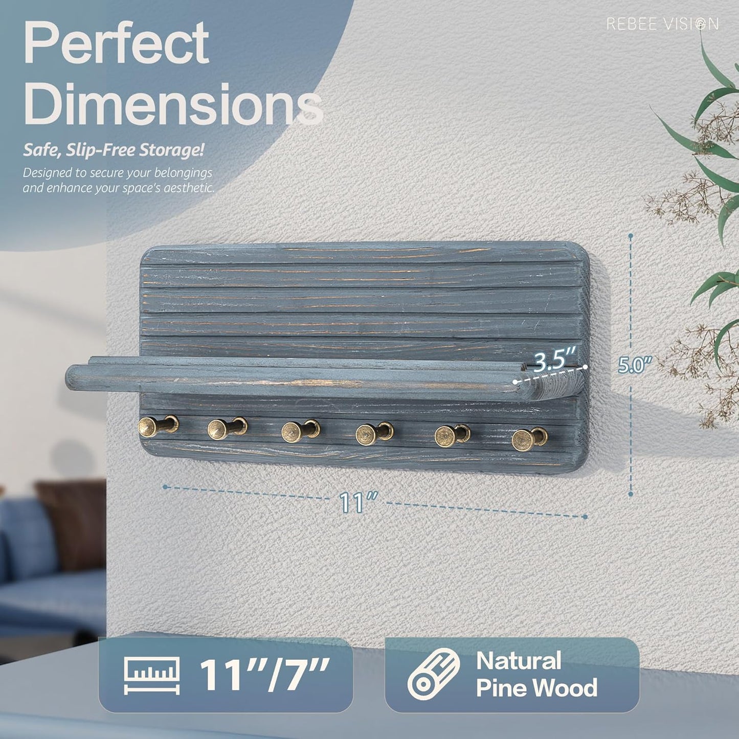 Rebee Vision Pine Wood Key Holder Wall Mount with Shelf for Entryway, Brown | 6 Key Hooks, Round Corner, Smooth&Hand-Friendly, Clear Wood Texture, Space-Saving Design, Organize Mail & Letter