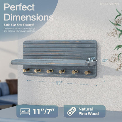 Rebee Vision Pine Wood Key Holder Wall Mount with Shelf for Entryway, Brown | 6 Key Hooks, Round Corner, Smooth&Hand-Friendly, Clear Wood Texture, Space-Saving Design, Organize Mail & Letter
