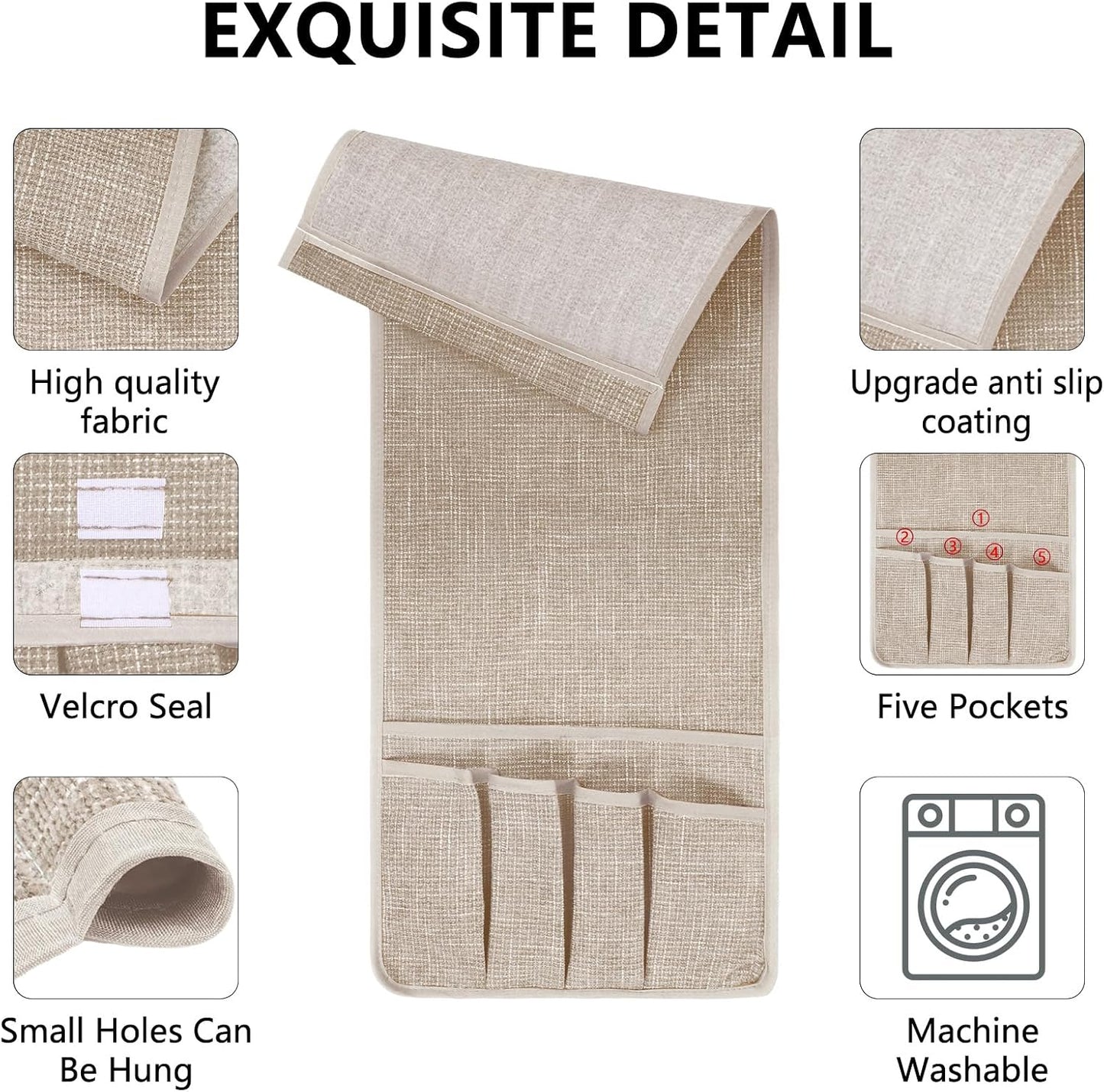 Remote Control Holder, Anti Slip Armchair Caddy Couch Caddy with 5 Pockets | Remote Holder Couch Caddy with 5 Pockets for Storage Accessories Bedside Organizer Senior Gifts (Beige,35''x12.4'')