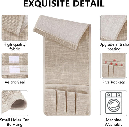 Remote Control Holder, Anti Slip Armchair Caddy Couch Caddy with 5 Pockets | Remote Holder Couch Caddy with 5 Pockets for Storage Accessories Bedside Organizer Senior Gifts (Beige,35''x12.4'')