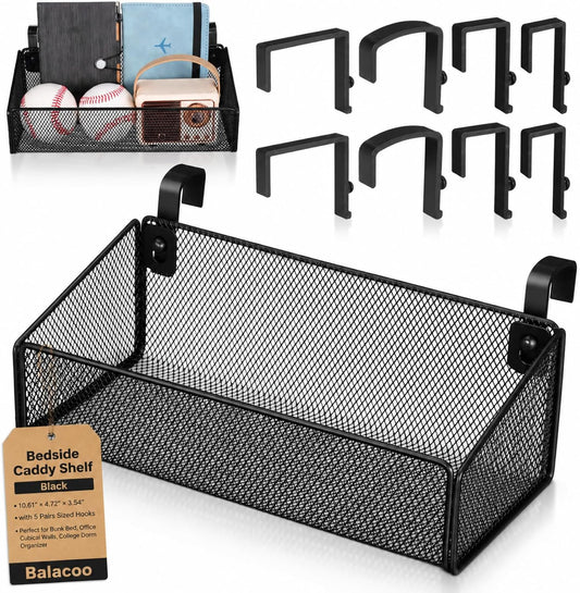 Balacoo Bedside Caddy Shelf, Hanging Metal Beside Storage Basket Organizer | 5 Pairs Sized Hooks for Bunk Bed, Office Cubical Walls, College Dorm Organizer - for Phone, Glass, Remote Control, Decor