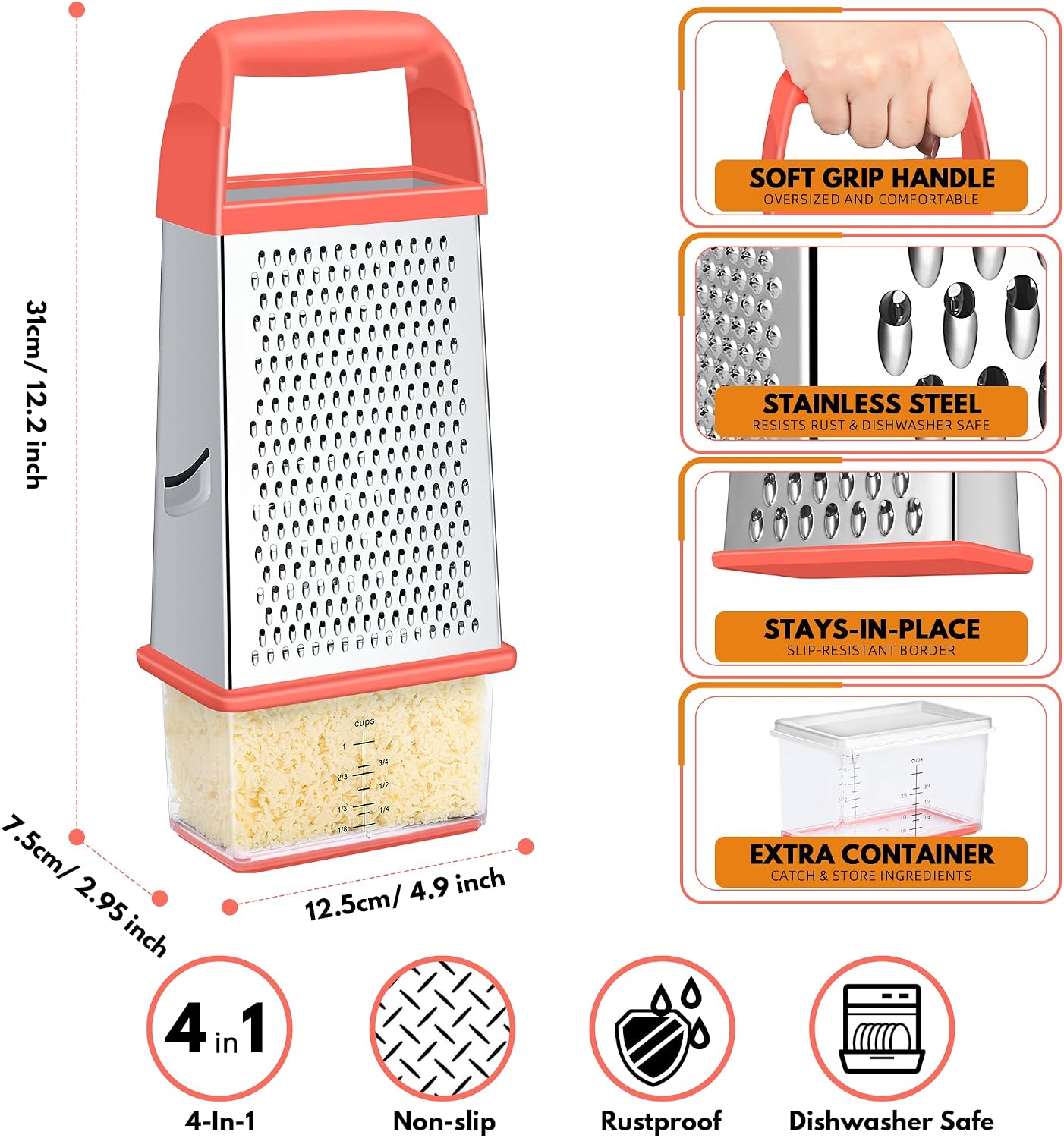 Urbanstrive Cheese Grater With Container Box Grater Stainless Steel Graters for Kitchen Cheese Shredder Parmesan Shredder Kitchen Gadgets Kitchen Tools Kitchen Gifts for Chef Dishwasher Safe Zester