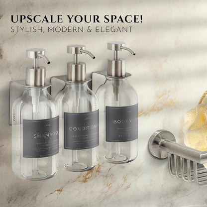 Shower Shampoo Dispenser Wall Mounted – 3 Refillable 16.9 oz Clear Bottles with Stainless Steel Pumps & No-Drill Adhesive Holders – Soap Dispenser Set for Bathroom (3 X Clear/Silver)