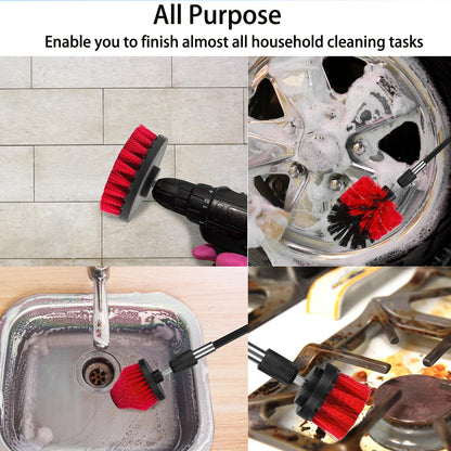 8 Pack Drill Brush Attachment Set, 1/4in Power Scrubber Brush + Extend Long Rod, Multi-Purpose Power Cleaning Scrub Brush for Bathroom, Tub, Tile, Corner, Floor(Red)