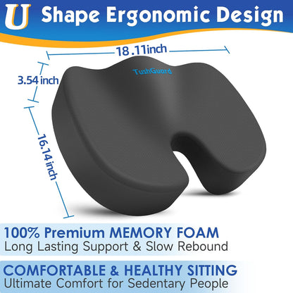 TushGuard Seat Cushion for Office Chair, Car, Memory Foam, Black Large | For Back, Coccyx, Sciatica, Tailbone Pain, Ergonomic Design, Non-Slip, Desk Wheelchair Use, Supportive Butt Pillow, For Man