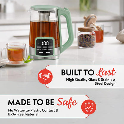 Gourmia Electric Glass Kettle – 1.7L Programmable Tea & Coffee Brewer with Digital Touch Display, 6 Presets, Removable Stainless Steel Infuser, Cordless with 360° Swivel Base, Black