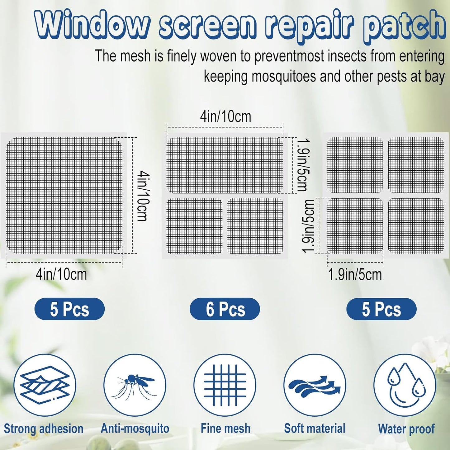 16pcs Fiberglass Screen Repair Patches 3 Sizes Gray Self Adhesive Mesh Tape | Fast Repair Tape for Window, Screen Door & Mosquito Net, Instant Patch to Fix Small Holes and Tears Easily