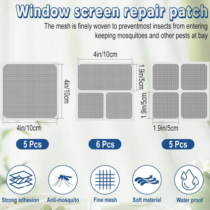 16pcs Fiberglass Screen Repair Patches 3 Sizes Gray Self Adhesive Mesh Tape | Fast Repair Tape for Window, Screen Door & Mosquito Net, Instant Patch to Fix Small Holes and Tears Easily