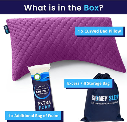 Sidney Sleep Adjustable Curved Pillows for Neck and Shoulder Support with Extra Shredded Fill - Cervical Contour Pillow for Side and Back Sleepers - Queen Size 19" x 29" CertiPUR-US Certified (White)