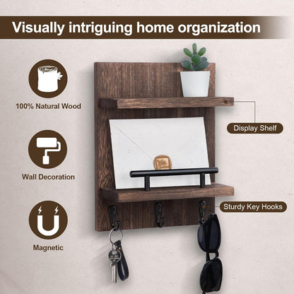 Key Holder Wall Mount, Mail Shelf Decor with 3 Key Hooks, Versatile Wood Wall Organizer for Entryway Hallway (8.2” x 10.6”x 3.6”) (White) | Farmhouse Key Hanger Holds Dog Leash, Sunglasses – Decorative Mail Organizer Home Decor
