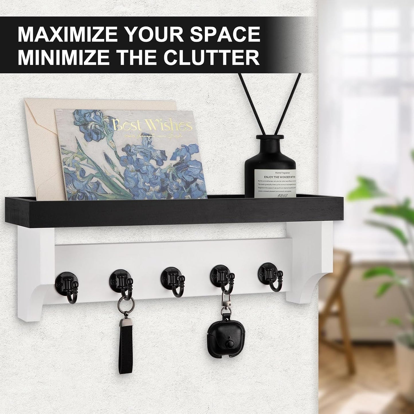 Key and Mail Holder Wall Mount, Mail Organizer with 5 Key Hooks | Key Holder with Shelf, Key Holder for Coat, Dog Leash, Home Decor Rack, Entry Way Organizer