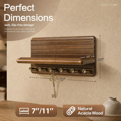 Rebee Vision Pine Wood Key Holder Wall Mount with Shelf for Entryway, Brown | 6 Key Hooks, Round Corner, Smooth&Hand-Friendly, Clear Wood Texture, Space-Saving Design, Organize Mail & Letter