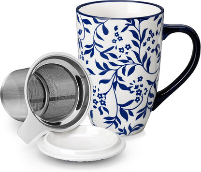 vancasso SELENE Porcelain Tea Mug, 18 oz Porcelain Tea Cup with Infuser and Lid Steeps Loose Leaf Tea, Microwave & Dishwasher Safe, Five-Leaf Clover