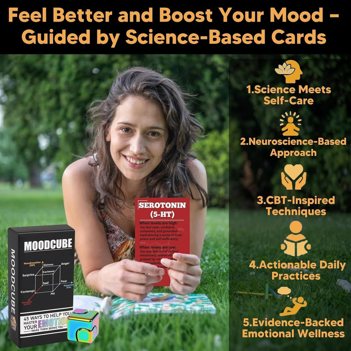 Self Care Cards for Anxiety Relief with MoodCube Spinner, 45 Science-Inspired Mindfulness Exercises for Adults, Relaxation & Emotional Wellness Gift for Friends, Colleagues & Family