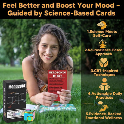 Self Care Cards for Anxiety Relief with MoodCube Spinner, 45 Science-Inspired Mindfulness Exercises for Adults, Relaxation & Emotional Wellness Gift for Friends, Colleagues & Family