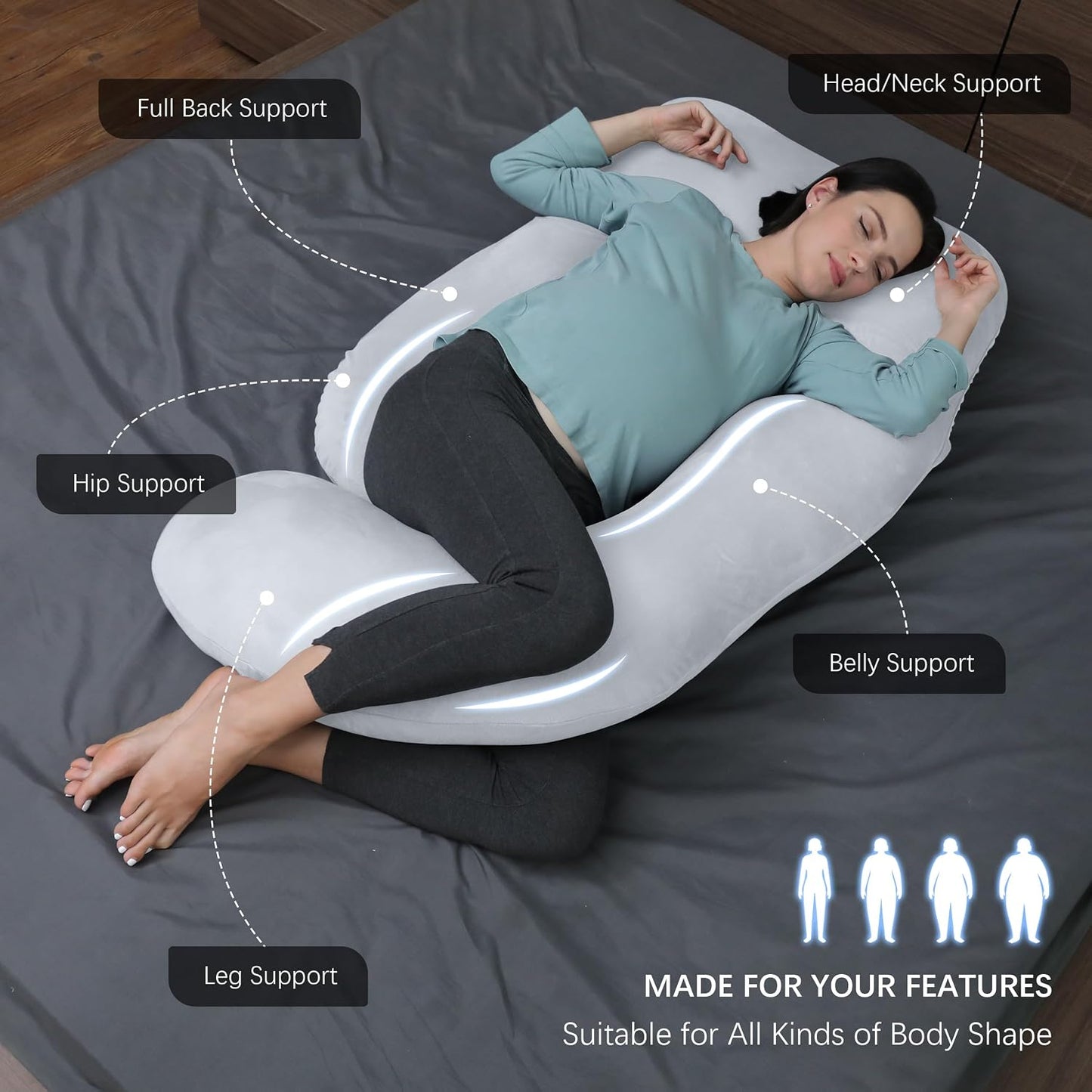 MOON PARK Pregnancy Pillows for Sleeping - 57 Inch U Shaped Full Body Maternity Pillow with Removable Cover - Support for Back, Legs, Belly, Hips - Pregnancy Pillow for Women - Grey