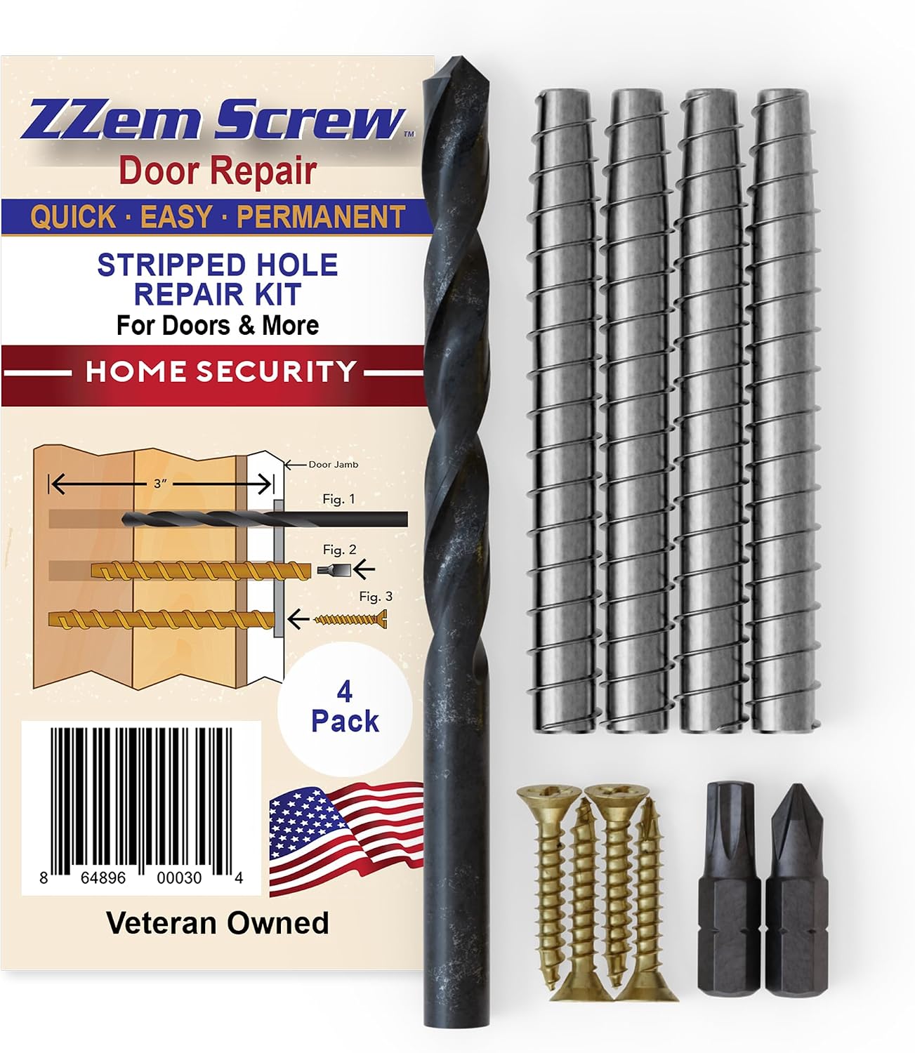 4-Pack #9 x 3 Permanent Stripped Door Hinge Screw Hole Repair Kit | Reinforces hinges, strike plates and door jambs. Installs in minutes. Made in USA