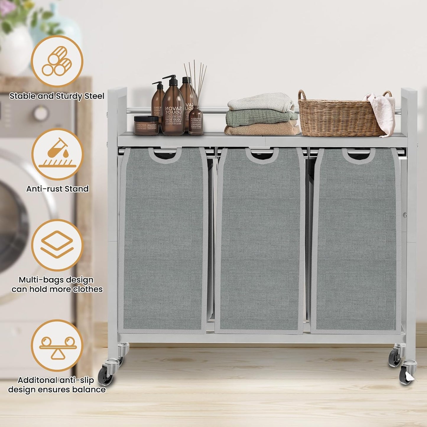 SwaaVee Laundry Sorter, Laundry Hamper 3 Section, 3×11.4Gal, Metal Frame Rolling Laundry Basket with Wooden Top Shelf, Pull out and Removable Laundry Bags, 3 Bags-Black