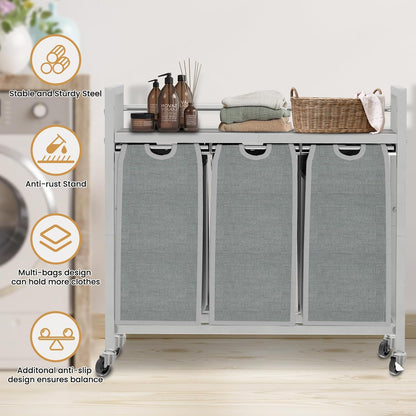 SwaaVee Laundry Sorter, Laundry Hamper 3 Section, 3×11.4Gal, Metal Frame Rolling Laundry Basket with Wooden Top Shelf, Pull out and Removable Laundry Bags, 3 Bags-Black