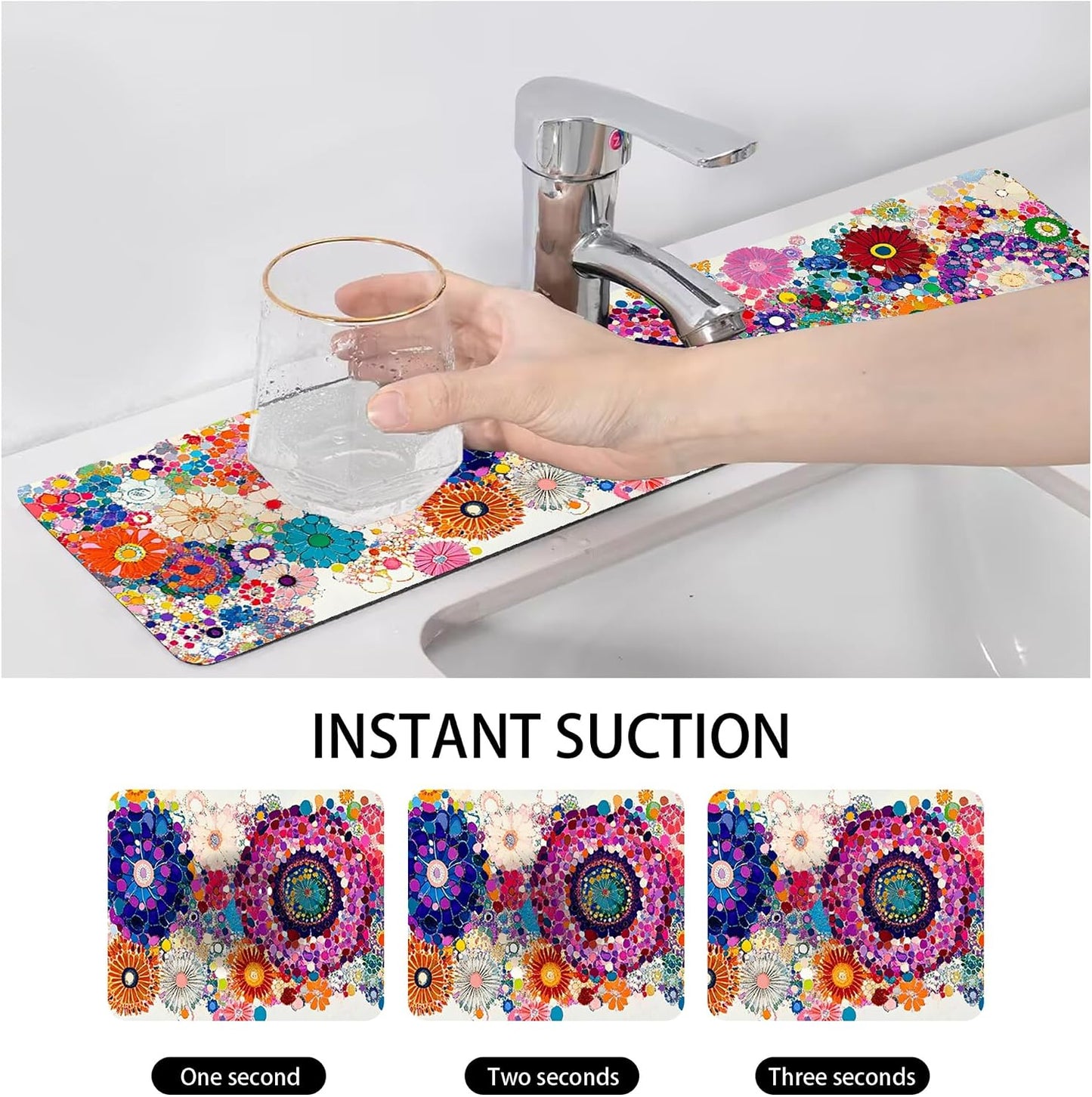 Bimkole 2 PCS Faucet Absorbent Mat, Kitchen Faucet Sink Splash Guard Wraparound Cloth Pads Drip Catcher for Sink Faucet for Kitchen Bathroom Faucet, Colorful Faucet Mat, 15 x 4 Inch Flower A6