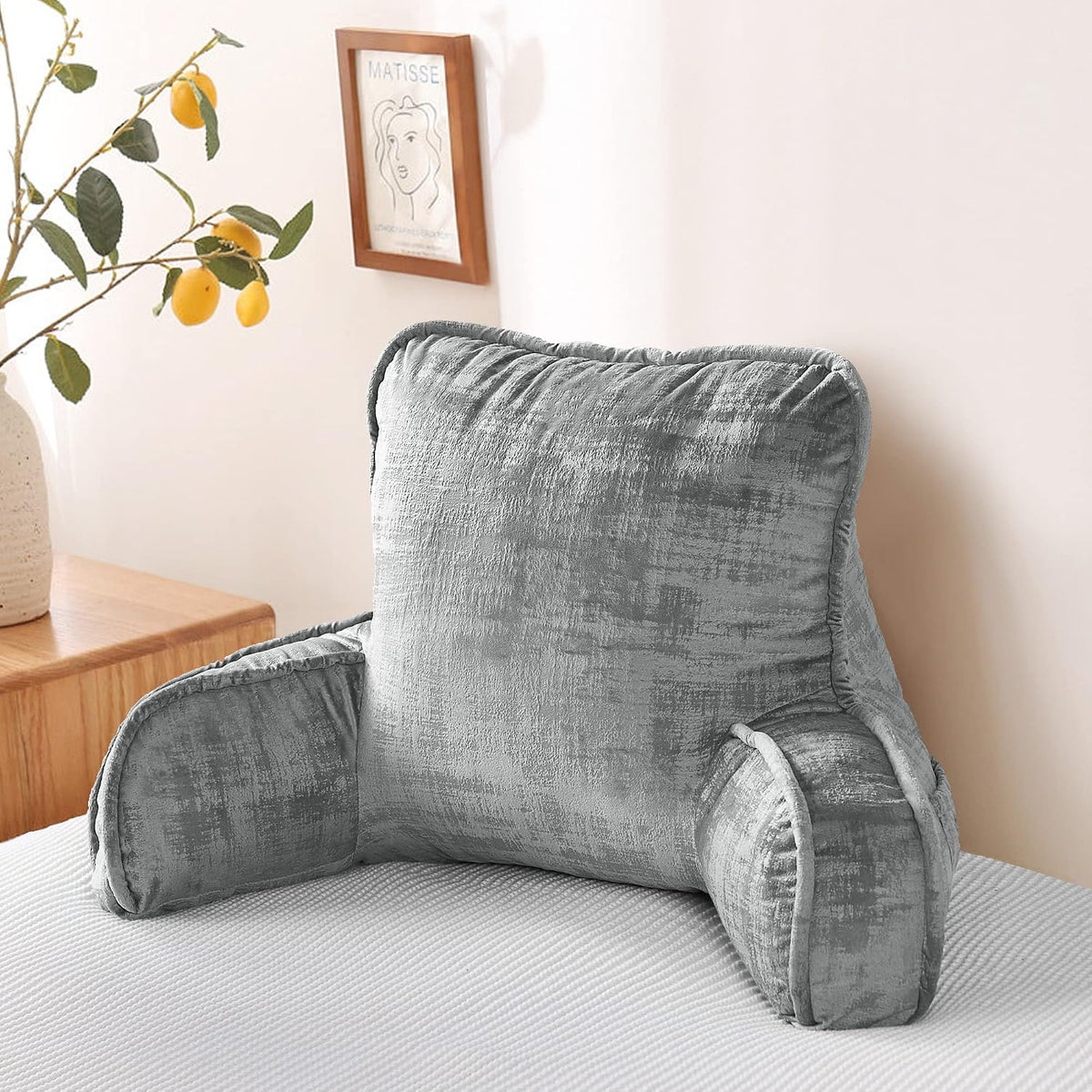 DIY Assembly Art Velvet Backrest Reading Bed Rest Pillow with Arms & Pockets, 18" H for Sitting in Bed Couch Sofa, Back Support Cushion with Removable Cover, 20"x18"x17", Aqua