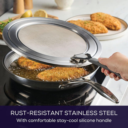 Circulon Tools and Gadgets Universal Splatter Guard Mesh Grease Cover for Pots and Pans Protects Stove, Countertop, and Kitchen from Oil when Frying, 13 Inch Splatter Guard - Stainless Steel