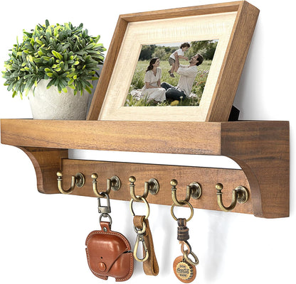 Rebee Vision Key Holder Wall Mount with 5 Hooks for Entryway, Retro Brown | Display Shelf for Plant & Letters, Key Shelf for Hats, Dog Leashes, Mail Organizer, Decorative Entryway & Living Room