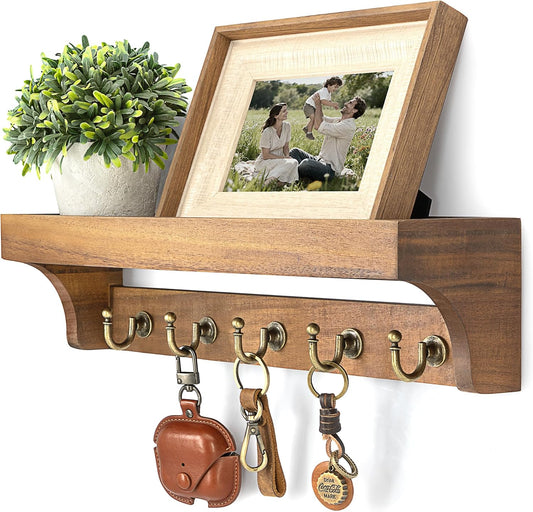 Rebee Vision Key Holder Wall Mount with 5 Hooks for Entryway, Retro Brown | Display Shelf for Plant & Letters, Key Shelf for Hats, Dog Leashes, Mail Organizer, Decorative Entryway & Living Room