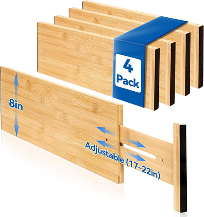 4 Pack 6" Deep Bamboo Drawer Dividers, 17-22" Expandable Kitchen Organizers | Adjustable Spring-Loaded Tension Separators with Foam Pad for Clothes, Utensils, Kitchen, Dresser, Nursery & Bathroom