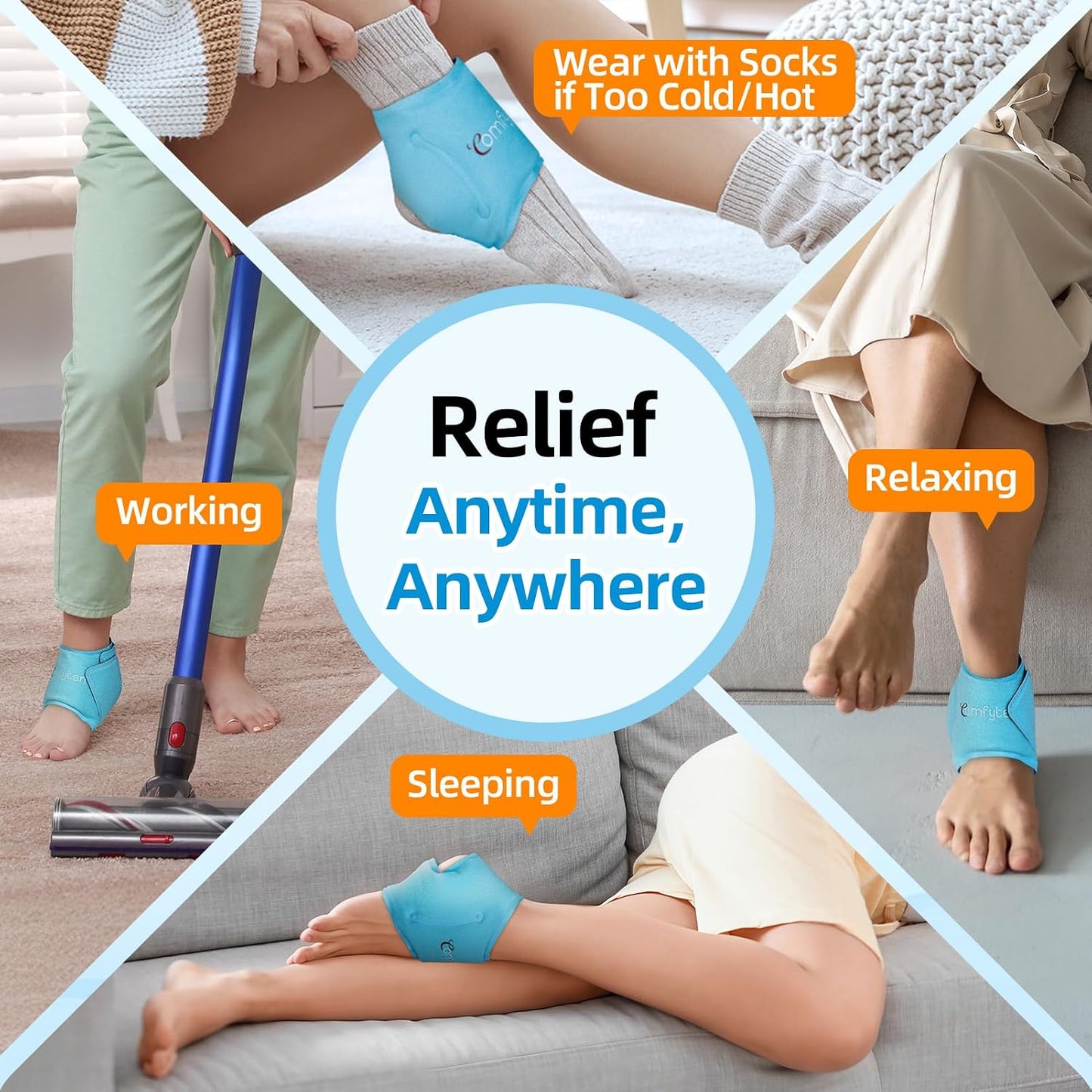 Comfytemp Ankle Ice Pack Wrap for Plantar Fasciitis, Swelling, Foot Pain Relief, FSA Eligible HSA, Gel Packs for Injuries Reusable, Hot Cold Compress for Achilles Tendonitis, Sprained Ankles, 2 Packs