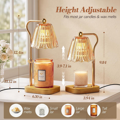 Candle Warmer Lamp with Timer Dimmer, Modern Wax Warmer for Scented Wax Jar Candle Warmer with 2 Bulbs, Adjustable Height Glass Lamp for Gifts for Women, Home Decor, Gold Amber