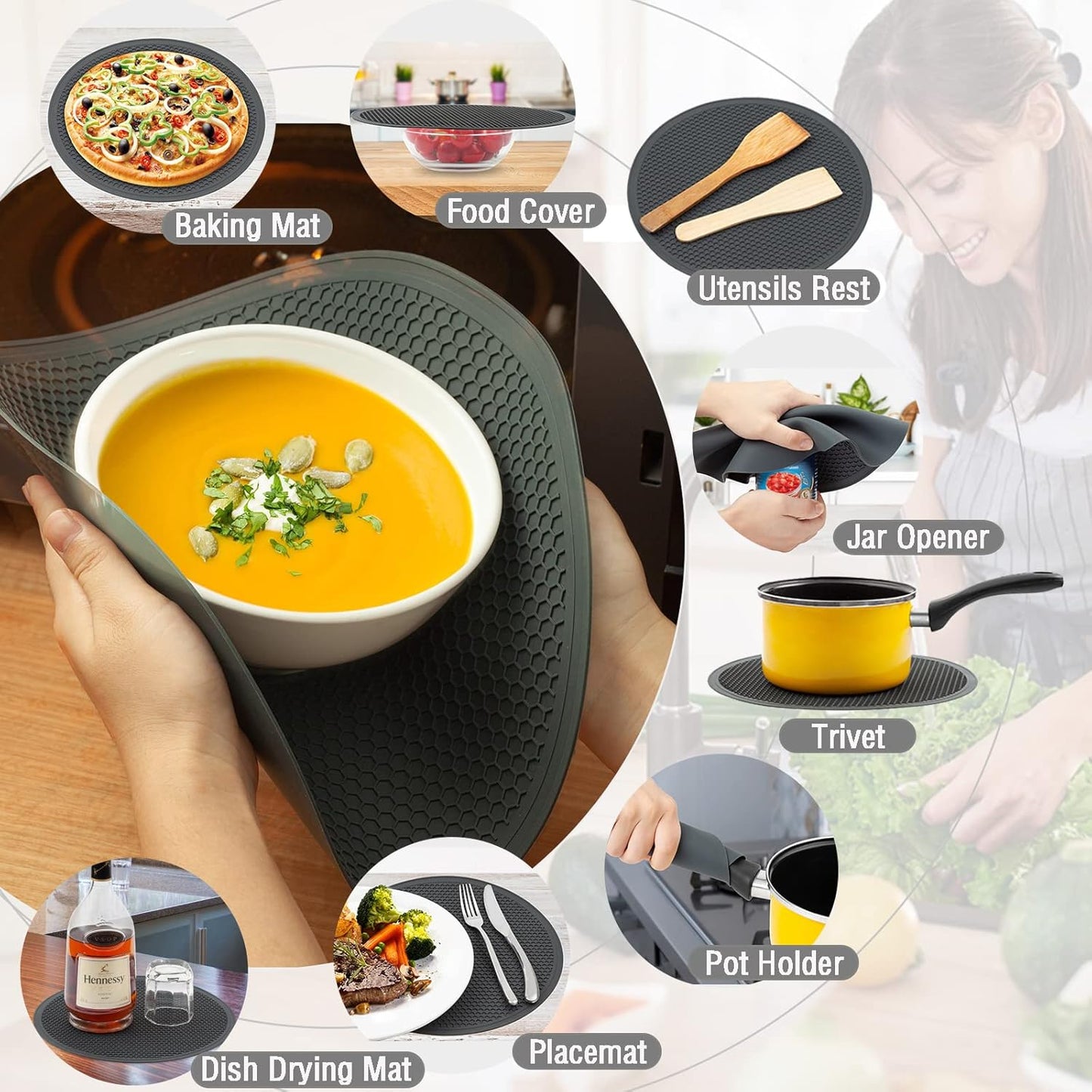 Large Microwave Splatter Cover & Silicone Mat,12 Inchs Vented Collapsible Guard dish Plate lid & Round Kitchen mat for food