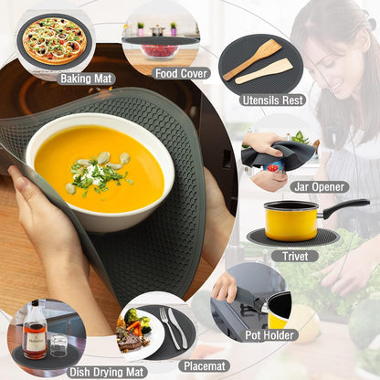 Microwave Splatter Cover & Silicone Mat, 10inch | Black, Collapsible, Vented, Reusable Food Guard & Plate Cover, Heat-Resistant Trivet for Pots, Pans, & Kitchen Counter