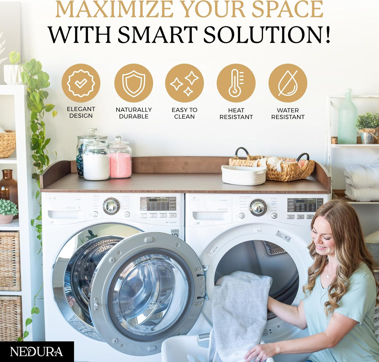 Nedura Washer Dryer Countertop with Anti-Vibration Pads, Curved Edge Rails, Premium Bamboo Laundry Countertop, Washer Dryer Topper, Laundry Room Organization, Laundry Room Accessory – Dark Walnut
