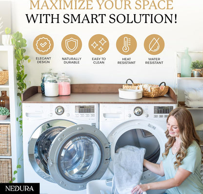 Nedura Washer Dryer Countertop with Anti-Vibration Pads, Curved Edge Rails, Premium Bamboo Laundry Countertop, Washer Dryer Topper, Laundry Room Organization, Laundry Room Accessory – Dark Walnut