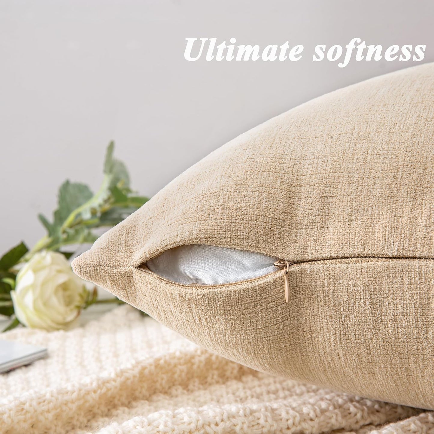 GAWAMAY Lumbar Support Pillow Decorative Rectangle Throw Pillow Covers 12"x20" Inch Set of 2, Soft Chenille Fall Pillowcase for Living Room Bedroom Sofa Couch Cushion Cover Grey 30x50cm (No Insert)