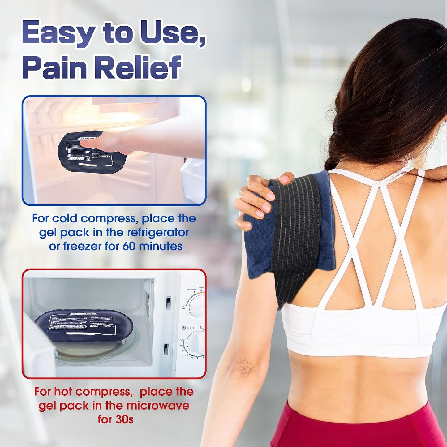 Hot and Cold Ice Packs for Injuries Reusable for Pain Relief (6-Piece Set) | 4 Pcs Gel Packs and 2 Pcs Adjustable Flexible Wraps for Back Shoulders Arms Knees and Legs, Alleviate Joint and Muscle Relief