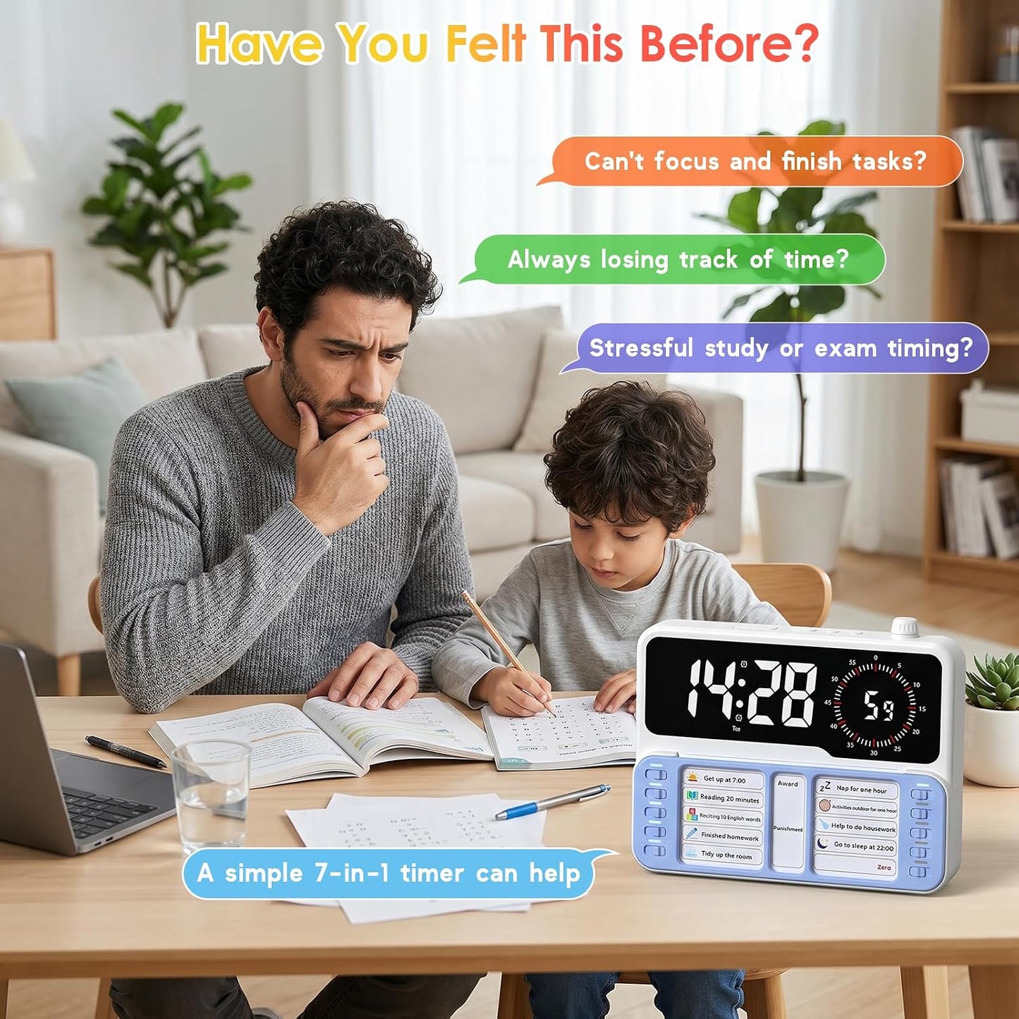 7-in-1 Visual ADHD Timer for Kids with Chore Chart Board, ADHD Tools Schedule for Kids with Autism, Alarm, Countdown, Date, Temperature, Storage, Daily Checklist for Home/School/Classroom/Desk(Pink)