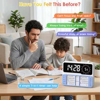 7-in-1 Visual ADHD Timer for Kids with Chore Chart Board, ADHD Tools Schedule for Kids with Autism, Alarm, Countdown, Date, Temperature, Storage, Daily Checklist for Home/School/Classroom/Desk(Pink)