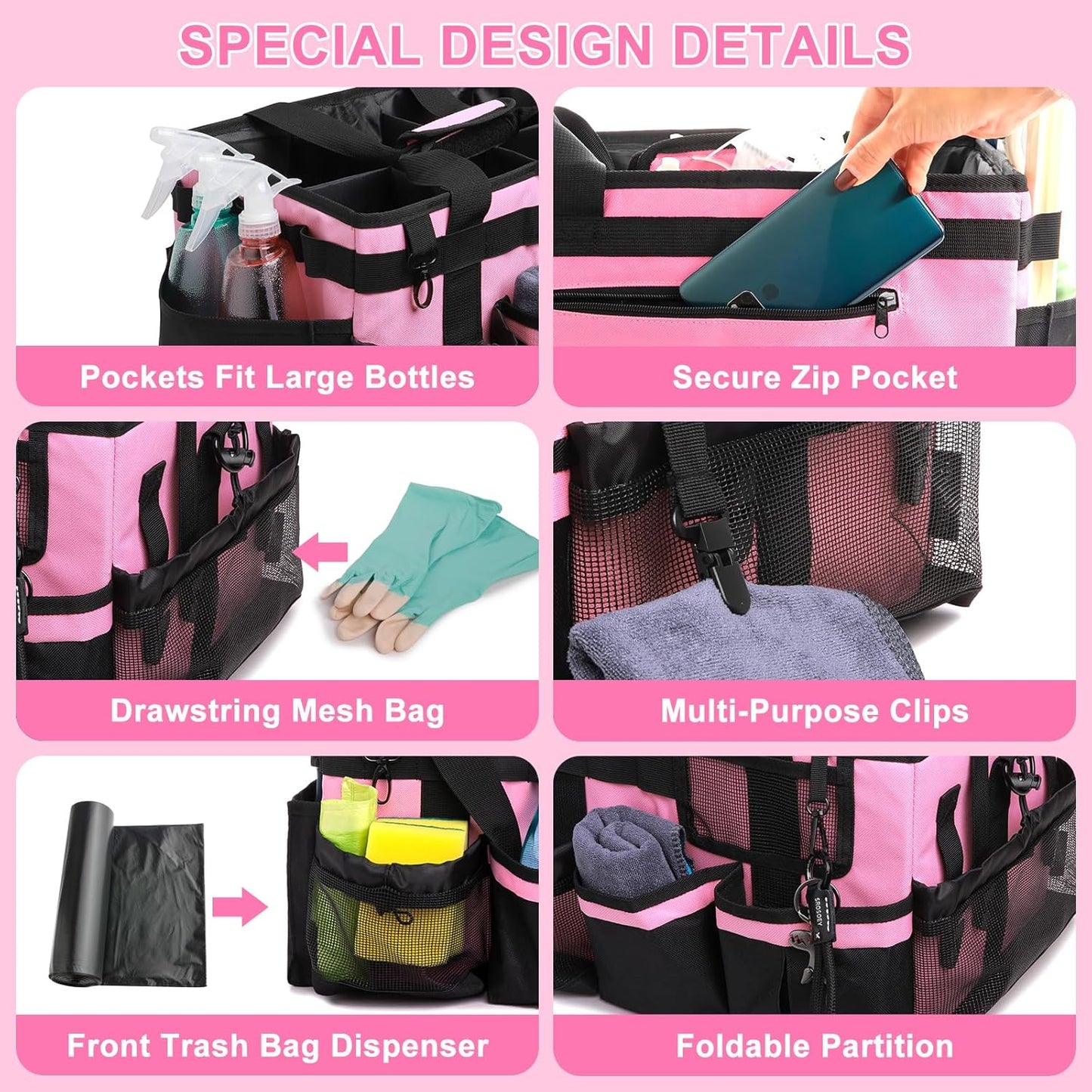 Large Wearable Cleaning Caddy Bags, Cleaning Supplies Organizer with Adjustable Shoulder Straps & Divider, 14 inch Black Tool Bag for Housekeepers & Cleaners