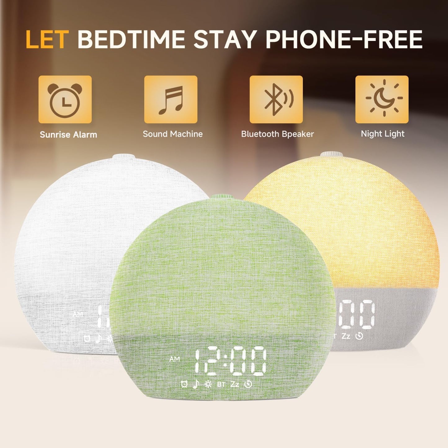 Geuuap Sunrise Alarm Clock White Noise Machine with Bluetooth Speaker,Khaki | 30 Soothing Sounds, 17 Dimmable lights, Simulated Sunrise, Backup Battery Memory, Auto-off Sleep Timer, Screen-Free Design