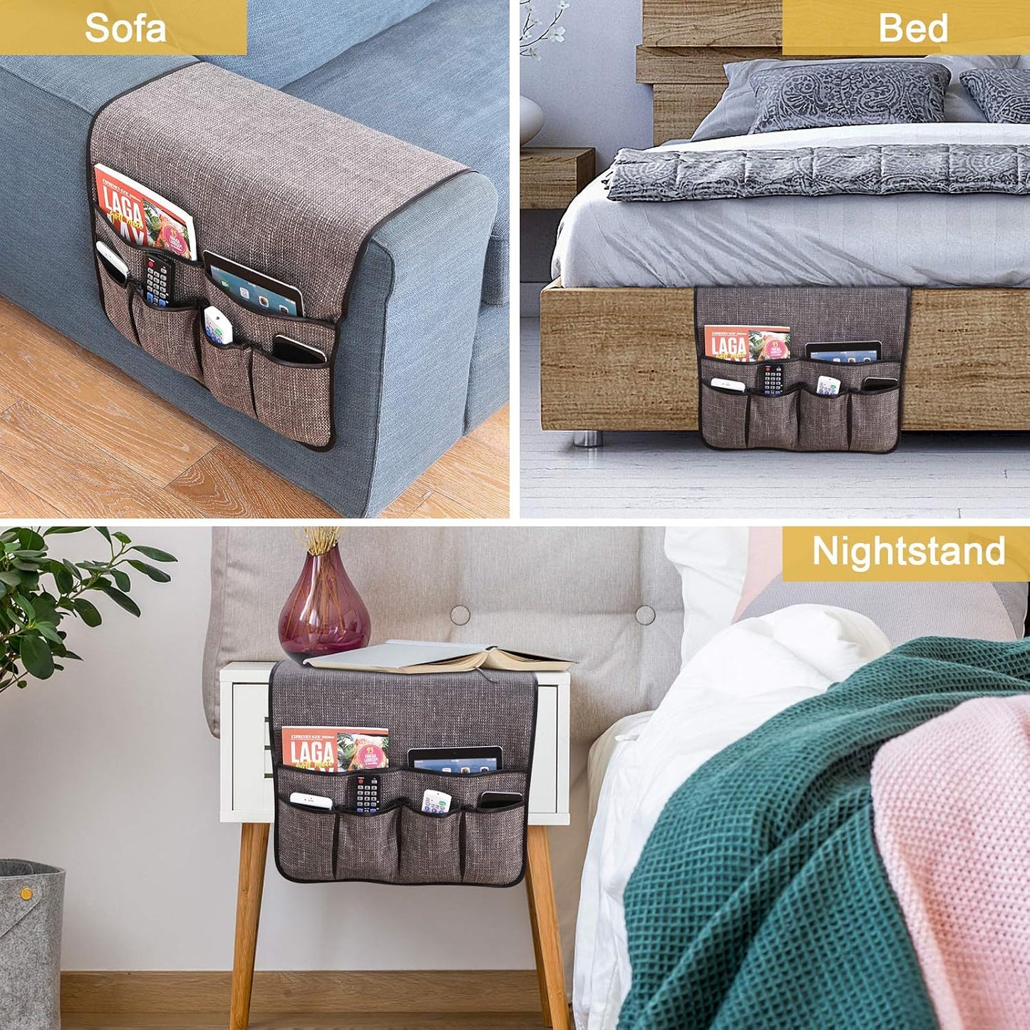 Sofa Armrest Organizer Non-Slip Remote Control Holders for Recliner Couch Chair Armchair Caddy with 5 Pockets for Table,Cell Phone,Ipad,Magazines,Books (Black, 13 x 35 Inch)