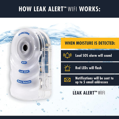 Zircon® Leak Alert™ WiFi Smart Water Leak Detector Alarm, Battery Included | No-hub WiFi detector provides email, audio and visual alerts with a 105 dB alarm; included battery supports setup