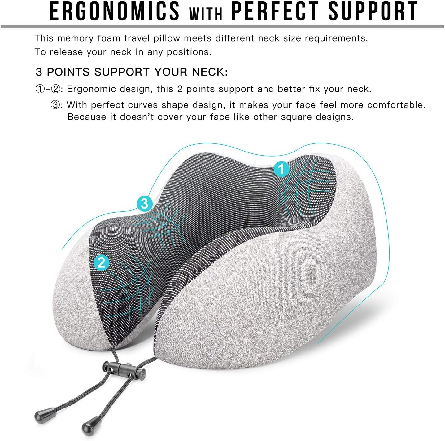 MLVOC Airplane Travel Neck Pillow for Sleeping, 3D-Eye Mask & Earplugs Kit | Curved Neck & Chin Support, Rope Lock Fit, Memory Foam Keeps It’s Shape, 3-in-1 Ki Includes: Eye Mask + Earplugs